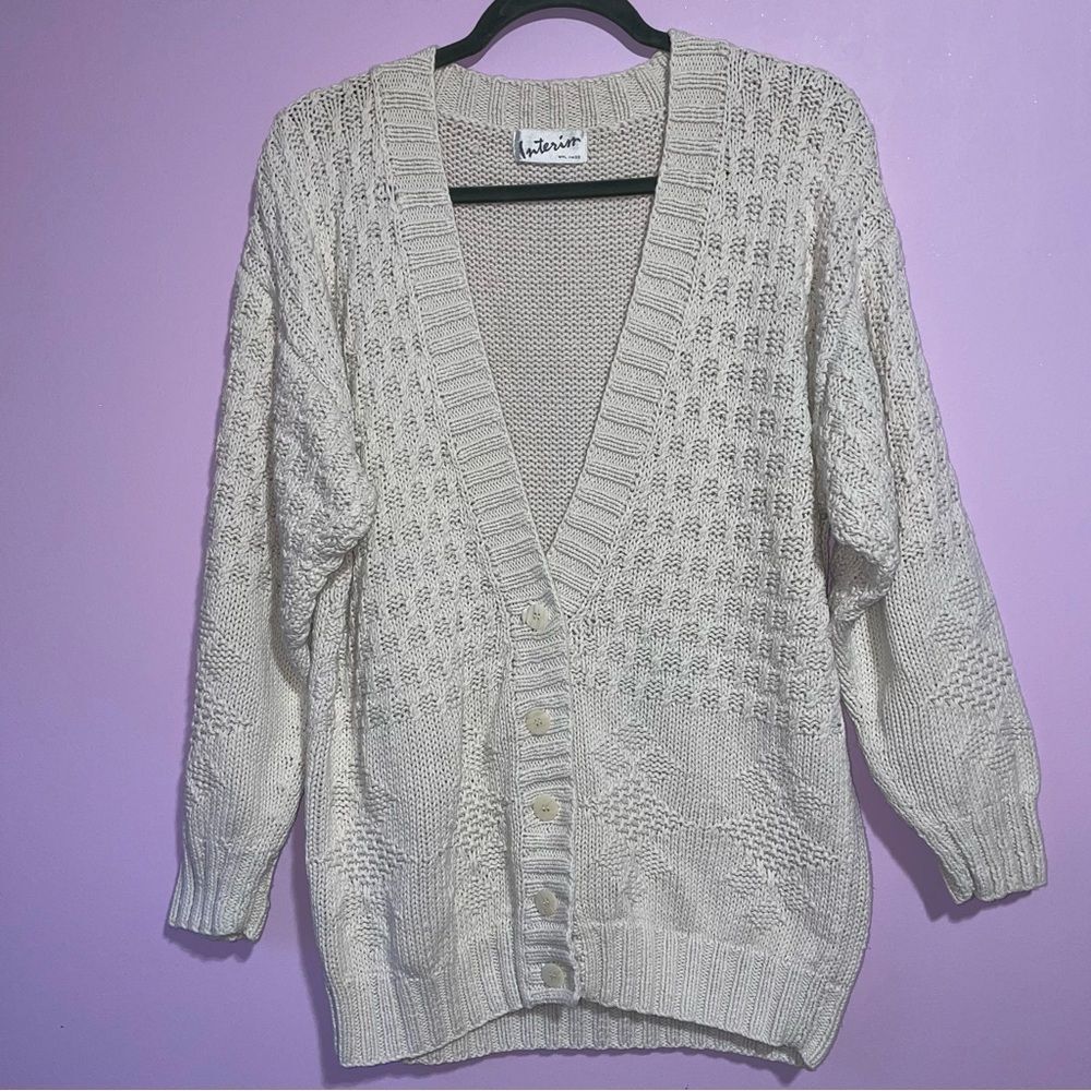 Vtg Interior Textured Fisherman Knit Cardigan Sweater Women L Cottage Coastal